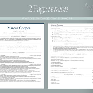 May include: A two-page resume template in teal and white. The text "2 Page version" is at the top, with "WORD | GOOGLE DOCS | PAGES" below it. The resume includes sections for professional summary, skills, and work experience.