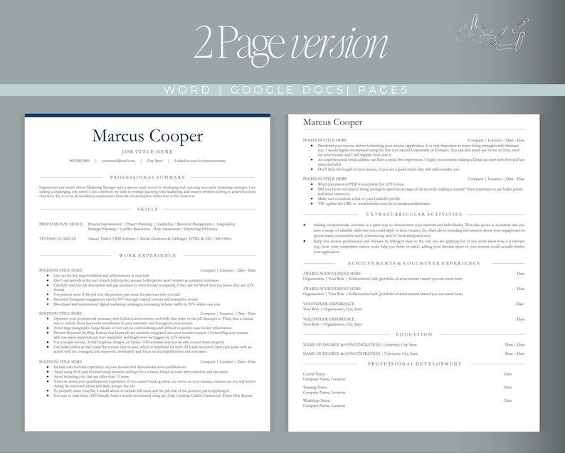 May include: A two-page resume template in teal and white. The text "2 Page version" is at the top, with "WORD | GOOGLE DOCS | PAGES" below it. The resume includes sections for professional summary, skills, and work experience.