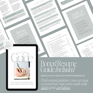 May include: A digital tablet showing a resume guide, with resume checklist pages and a table of contents in the background. The guide includes bonus content and is based on resume writer experience. The text reads: "Professional guidance you can trust to transform your career path with clarity and confidence."