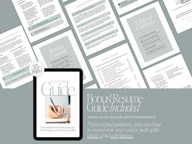 May include: A digital tablet showing a resume guide, with resume checklist pages and a table of contents in the background. The guide includes bonus content and is based on resume writer experience. The text reads: "Professional guidance you can trust to transform your career path with clarity and confidence."