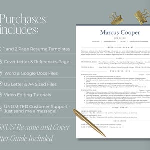 May include: A resume template with the name "Marcus Cooper" at the top. The resume includes sections for professional summary, skills, work experience, achievements, and education. The image also lists what the purchase includes: resume templates, cover letter, and video editing tutorials.