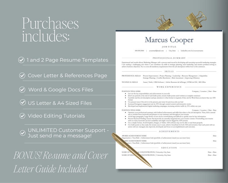 May include: A resume template with the name "Marcus Cooper" at the top. The resume includes sections for professional summary, skills, work experience, achievements, and education. The image also lists what the purchase includes: resume templates, cover letter, and video editing tutorials.