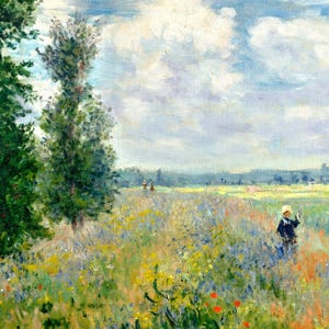 Puede incluir: Pintura impresionista de un campo soleado lleno de flores silvestres. El cielo es azul brillante con nubes blancas y esponjosas. Una figura con ropa oscura y un sombrero está en el campo. Hay árboles verdes a la izquierda.