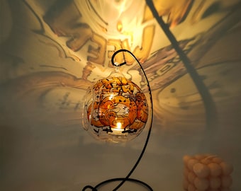 Halloween Pumpkin Tea Light Holder, Cute Pumpkin Glass Candle Holder, Hand Painted Pumpkin Shadow Light for Halloween Home Decor Gifts