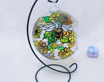 Candelabro de vidrio con flores de abejorro y margaritas, candelabro de vidrio con flores de abeja pintadas a mano, vela de té, arte de jardín, regalos de decoración de abejas