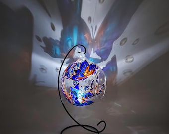 Hand painted Butterfly Glass Candle Holder, Stain Glass, Flying Butterfly Tea light holder, Teal blue Butterfly Tealight, Dreamy Shadow Gift