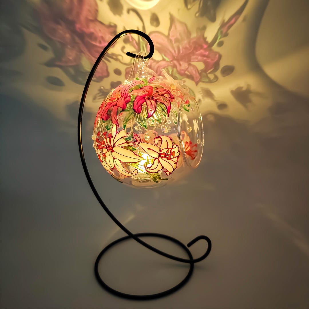 Grand Photophore En Verre Décor Fleurs Et Lys – Idéal Bougie Chauffe-plat