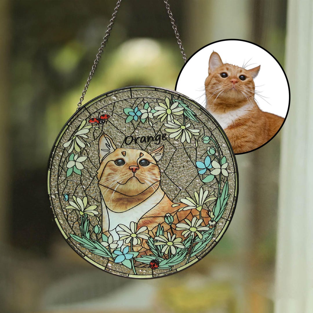 Custom Pet Portrait Stained Glass Suncatcher, Stained Glass Cat & Daisy ...