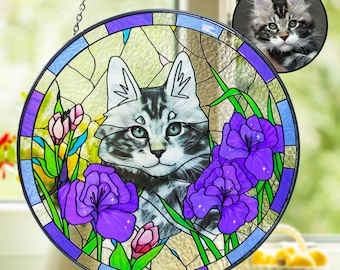 Custom Pet & Birth Flower Stained Glass Suncatcher, Pet Portrait from Photo Glass Art, Stained Glass Cat / Dog Pet Memorial, Pet Loss gifts