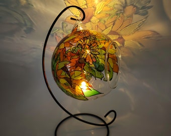 Sunflower and Daisy Glass Candle Holder, Hand Painted Sunflower Tea Light Holder, Tealight, Stain Glass, Unique Gifts, Sunflower Home Decor