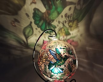 Hummingbird Glass Candle Holder, Stain Glass Hand Painted Hummingbird & Flower Tealight Holder, Hummingbird Decor, Tea light Bird Lover Gift
