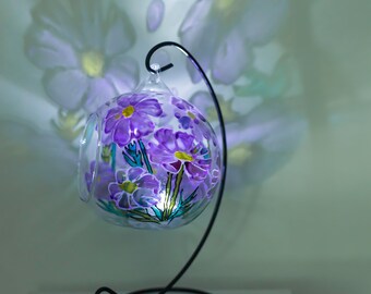 パープルデイジーガラスキャンドルホルダー、手描きの花のティーライトホルダー、ティーライト、ユニークなギフト、ステンドグラス、美しい影を投影します