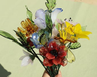Birth Flower Bouquet, Glass Birth Month Flowers, Handmade Glass Flower Bouquet, Birthday Gift for Mom/Friend, Wedding gift, Gift for Teacher