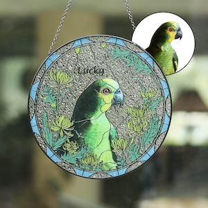 Custom Parrot Portrait Suncatcher, Stained Glass bird & Chrysanthemum Birth Flower, Pet Portrait from Photo, Window Hanging, Bird Lover gift