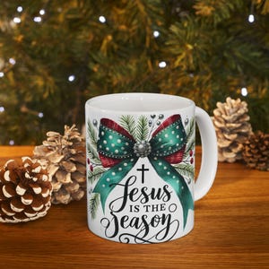 Teal Ribbon Pine Sprig Christmas Mug | Ceramic Holiday Coffee Cup