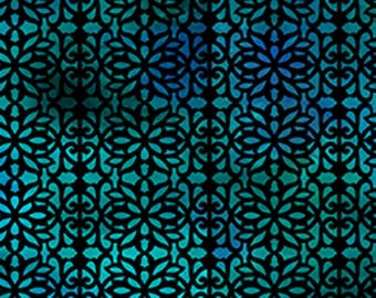 Puede incluir: Un patrón sin costuras con un fondo degradado en azul y verde azulado. El patrón está formado por diseños florales negros repetidos.