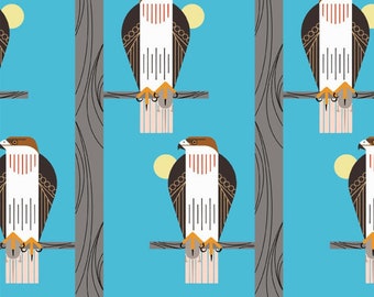 Charley Harper Perched Falcon Blue Organic Poplin Birch Fabric