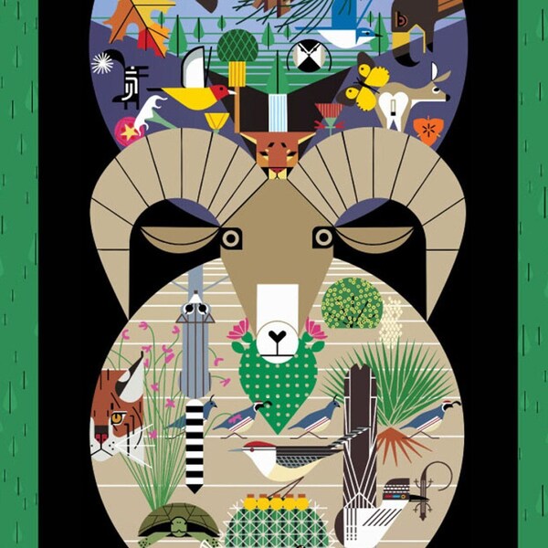 Animals Poster Charley Harper Santa Rosa Organic Cotton Birch 36" Fabric Panel LAST IN STOCK