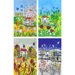 May include: Four illustrations depicting the four seasons. Each illustration features a small house with a red roof and a green lawn. The seasons are represented by the colors and details in the illustrations. Spring features a blue sky, pink blossoms, and green grass. Summer features a blue sky, green trees, and a red tractor. Autumn features a gray sky, brown leaves, and yellow flowers. Winter features a blue sky, white snow, and a Christmas tree.