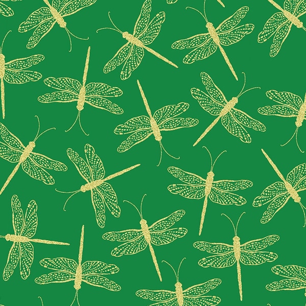 Moonlight Serenade Dragonflies Emerald Gold Benartex Fabric