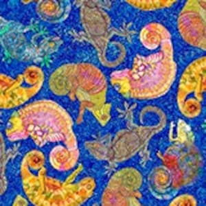 May include: A blue background with a repeating pattern of colourful chameleons in various poses. The chameleons are drawn in a detailed, whimsical style with intricate patterns and textures.