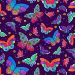 May include: A fabric with a repeating pattern of colorful butterflies in shades of blue, green, orange, and purple on a dark purple background. The butterflies vary in size and design, creating a vibrant and whimsical aesthetic.
