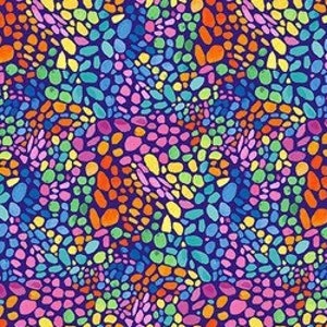 May include: A seamless pattern of colorful, abstract, pebble-like shapes on a dark blue background. The shapes are arranged in a swirling, organic pattern, creating a vibrant and dynamic design.