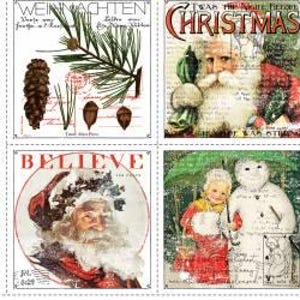 May include: A collage of vintage Christmas-themed images. The images include Santa Claus, a snowman, and festive text. The color palette is dominated by red, green, and white, with a distressed, antique aesthetic.