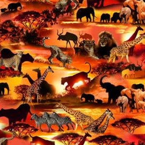 May include: A colourful digital print fabric featuring a variety of African animals, including giraffes, zebras, elephants, and lions, set against a sunset backdrop.