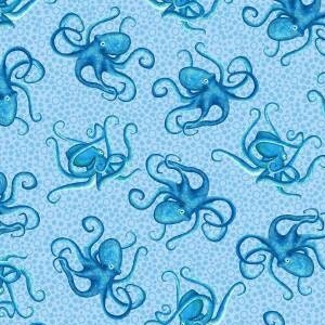 May include: A seamless pattern featuring blue octopuses on a light blue background. The octopuses are drawn in a cartoon style with large eyes and eight tentacles.