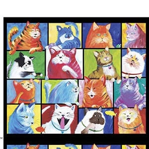 May include: A colorful collage of cats in a grid pattern. Each cat is in a different pose and has a different expression. The cats are all surrounded by colorful squares.