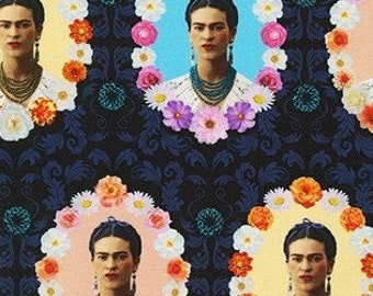 Frida Portraits Midnight Blue Floral Robert Kaufman Fabric