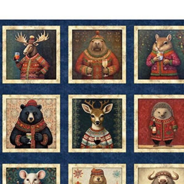 Christmas Party Animals Navy Blue Quilting Treasures Fabric 36" Panel