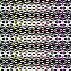 May include: A repeating pattern of black and white hexagons with a gradient of colors inside each hexagon. The colors transition from green to yellow, red, purple, and blue. The pattern is on a light background.