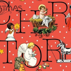 May include: A red background with white polka dots features the words "Christmas Story" and "Merry Christmas" in black outlined letters. Each letter is decorated with a different Christmas-themed image, including angels, stars, a camel, a donkey, and a baby Jesus in a manger.
