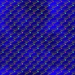 May include: A seamless pattern of colorful, sparkly ornaments hanging from gold strings on a deep blue background.