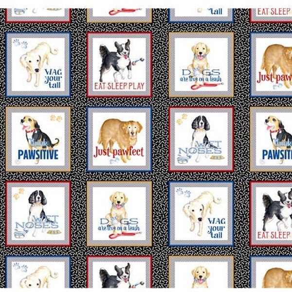 Hunde Black Think Pawsitive Blocks Benartex Stoff Panel