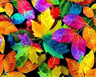 Fall Leaves Electric Colors Chong-A Hwang Timeless Treasures Fabric 33 inches LAST IN STOCK