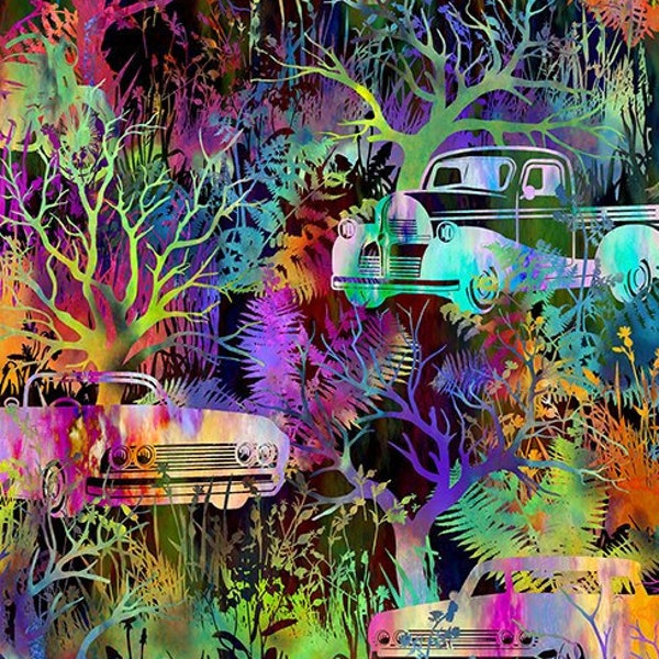 Autos Trees Multicolored Urban Jungle Jason Yenter In the Beginning Fabric