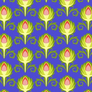 May include: A repeating pattern of stylized floral elements on a blue background. The flowers are green with pink centers and green stems and leaves. The design is symmetrical and creates a visually appealing textile pattern.
