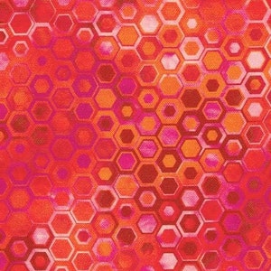 May include: Abstract geometric pattern with a red, orange, and pink color scheme. The pattern is made up of repeating hexagonal shapes.