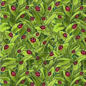 May include: A repeating pattern of red ladybugs on a green leafy background. The ladybugs are scattered throughout the image, with some facing left and some facing right.