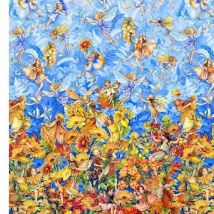 Peut inclure: Un tissu bleu et jaune avec un motif de fées volant parmi des fleurs. Les fées portent des robes bleues et ont des ailes. Les fleurs sont jaunes et orange.