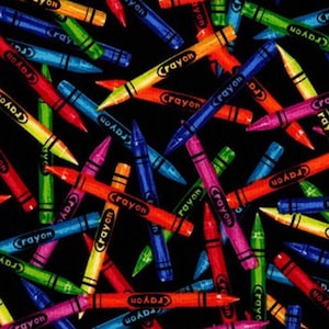 Crayons Bright Black Timeless Treasures Fabric