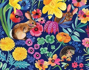 Hip Hopper Navy Blue Rabbits Hedgehogs Dear Stella Fabric