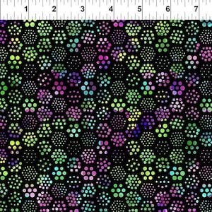 Groovy Garden Hex Flowers Purple Black Border Jason Yenter In the Beginning Fabric