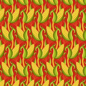 May include: A repeating pattern featuring yellow corn cobs with green husks and red accents. The design is a vibrant illustration, suitable for fabric or wallpaper.