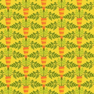 May include: A repeating pattern of orange carrots with green leafy tops on a yellow background. The carrots have a striped design. The pattern is evenly spaced and covers the entire surface, creating a vibrant and cheerful design.