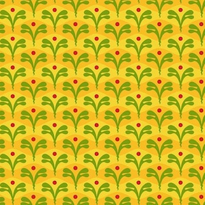 Puede incluir: Patrón repetitivo de hojas verdes estilizadas con bayas rojas sobre fondo amarillo. El diseño simétrico cubre toda la superficie, creando una estética vibrante y alegre. Adecuado para tela o papel pintado.