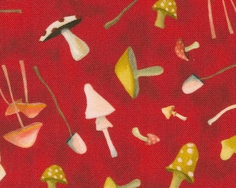 Tela roja con hongos y criaturas del país de los gnomos de Robert Kaufman